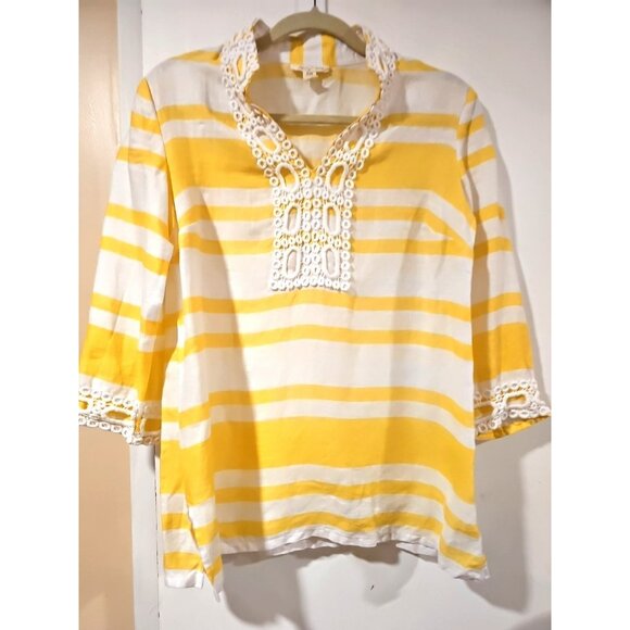 Charter Club Luxury Women Blouse Size Med Yellow White Stripes 100% Linen V Neck - Picture 2 of 10